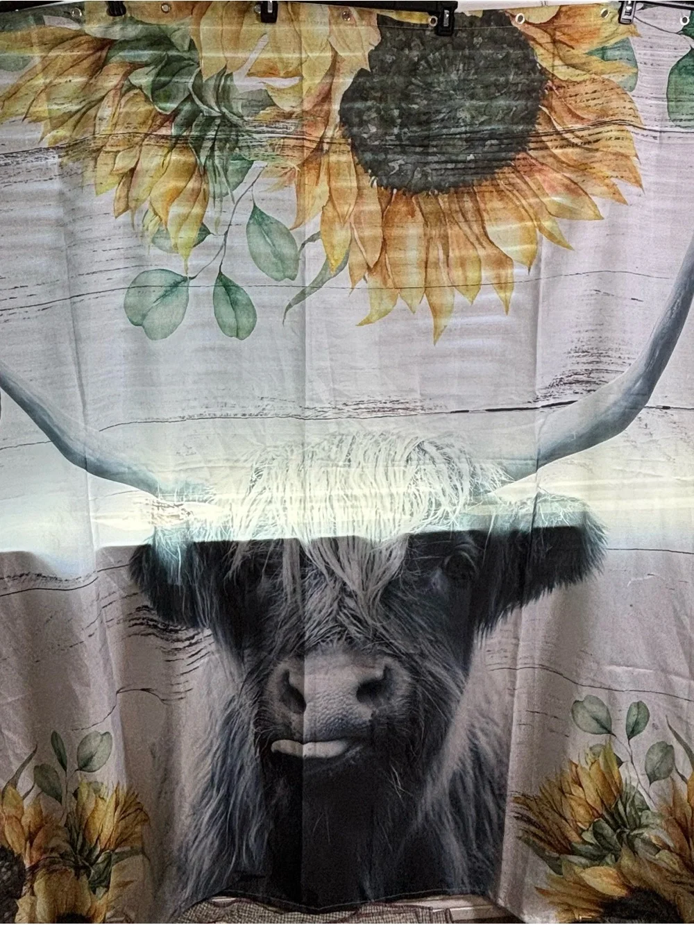 Highland Cow Sunflower Shower Curtain 70” x 70” | Farmhouse Bathroom Decor